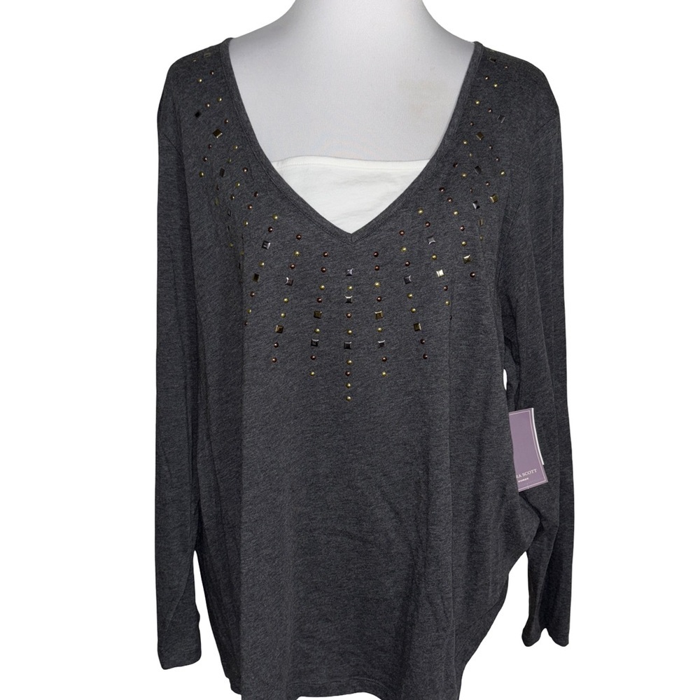 Laura Scott Dark Gray Studded V-Neck Blouse